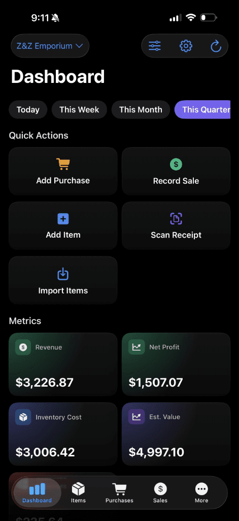 TrackBuySell iOS app screenshot: Dashboard