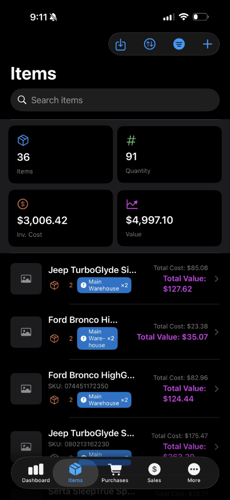 TrackBuySell iOS app screenshot: Items