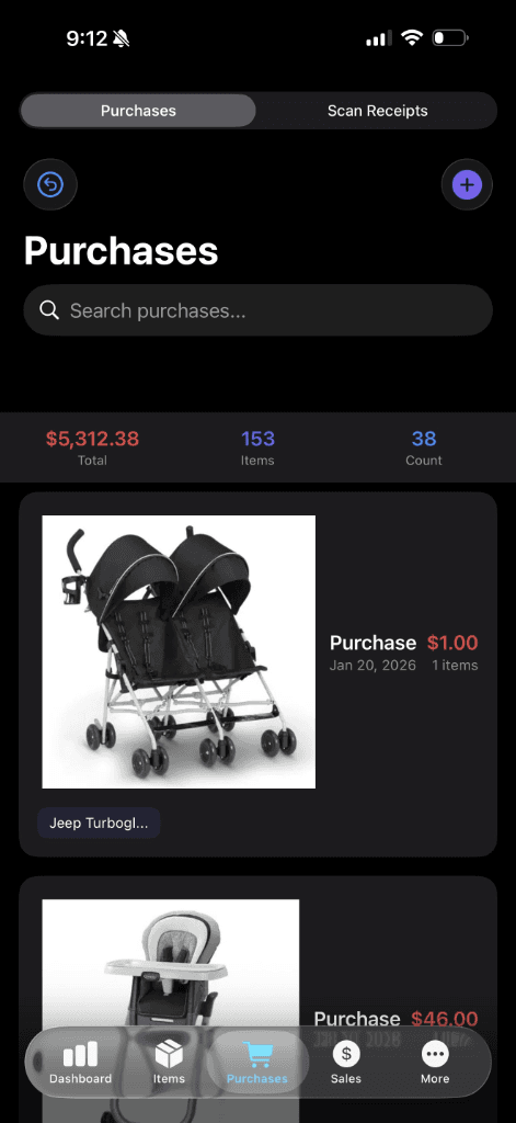 TrackBuySell iOS app screenshot: Purchases