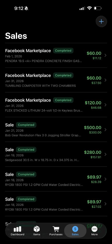 TrackBuySell iOS app screenshot: Sales